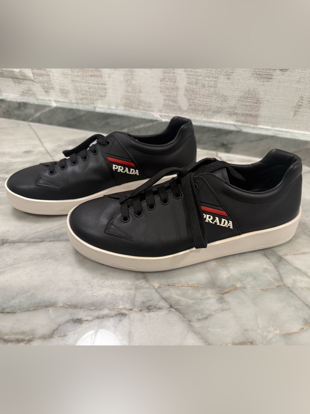 Prada Black Leather Sneakers with Red Stripe and White Sole